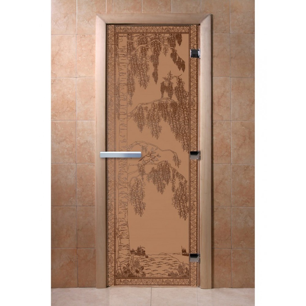 Дверь стеклянная DoorWood 900*2000 "Березка Бронза матовая" стекло бронза матовая 8 мм, коробка ольха, ручка алюминий/дерево